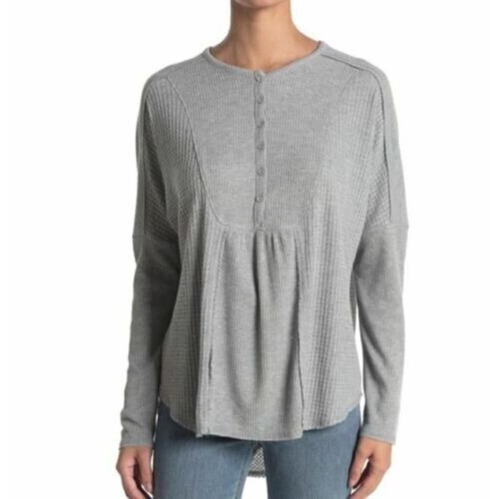 Gibsonlook Women's Mixed Ribbed‎ Waffle Knit Henley Top Heather Grey Medium $50